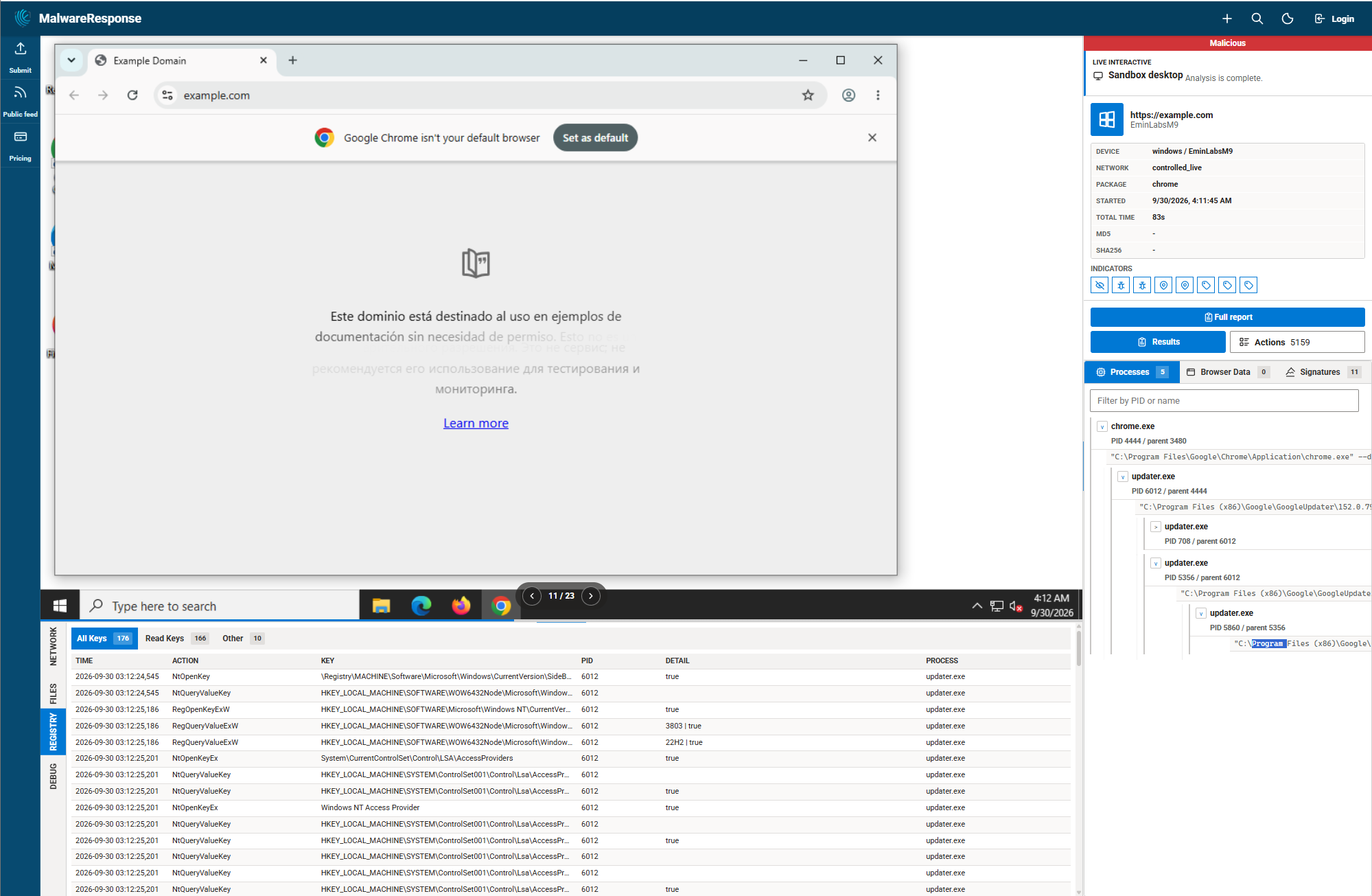 MalwareResponse live sandbox desktop with process and registry evidence