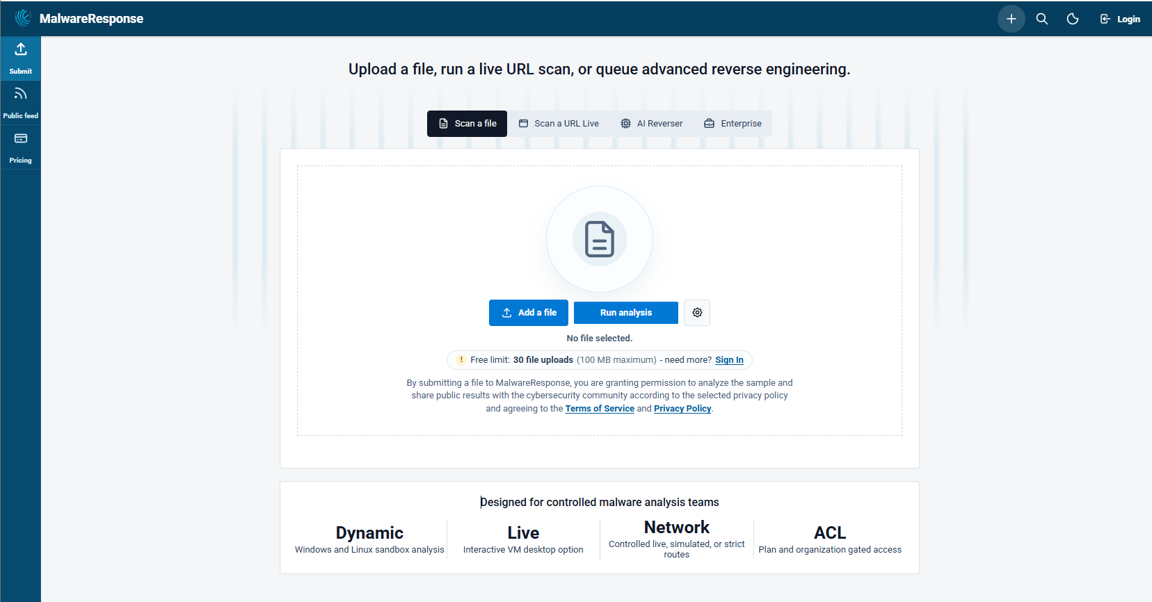 MalwareResponse file and URL submission workspace